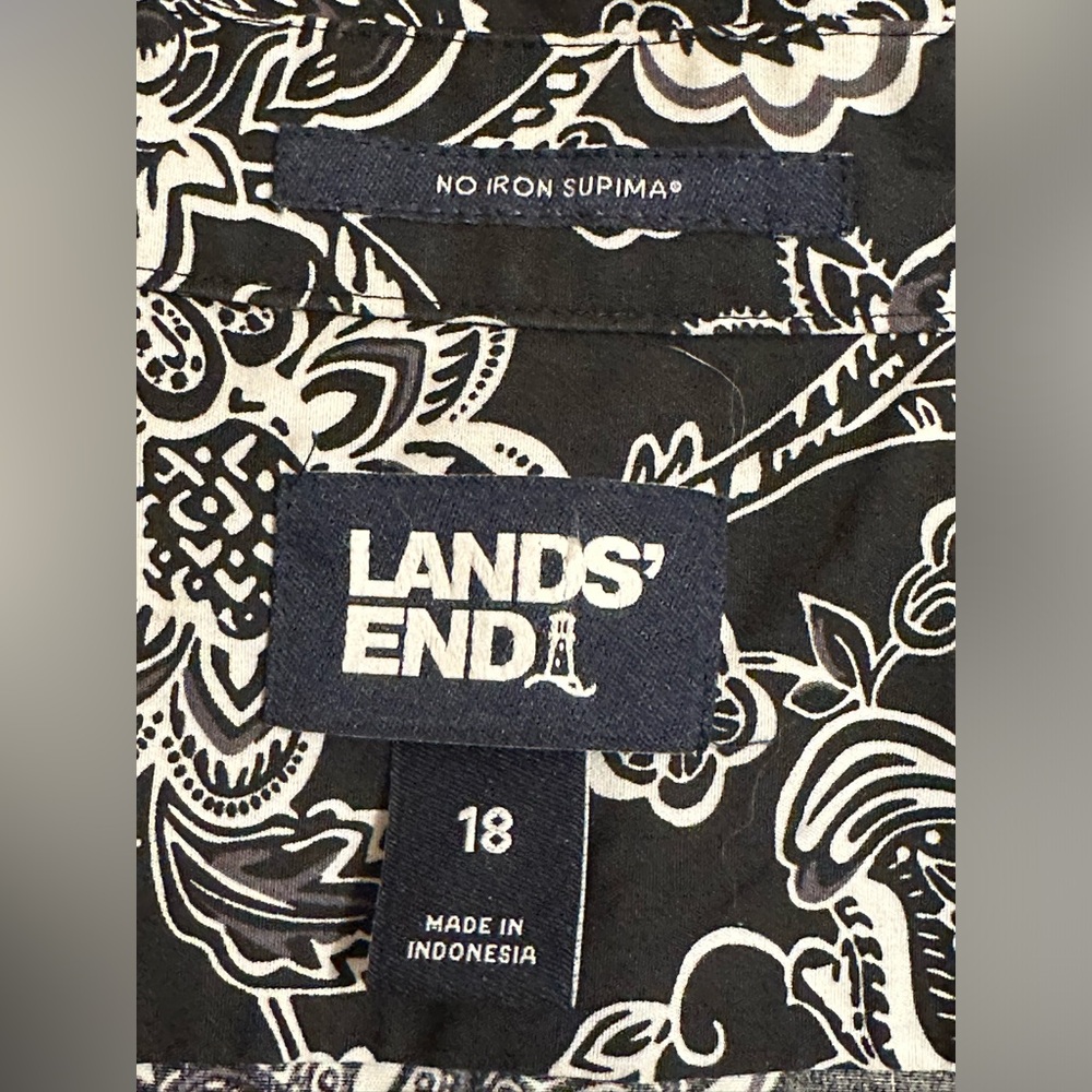 Land’s End Top Women Black/White 100% Cotton Floral Button Up Long Sleeve Size18 - Picture 5 of 6